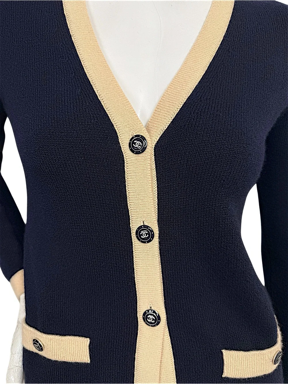 Vintage 90s Chanel Navy Ecru Cashmere CC Cardigan